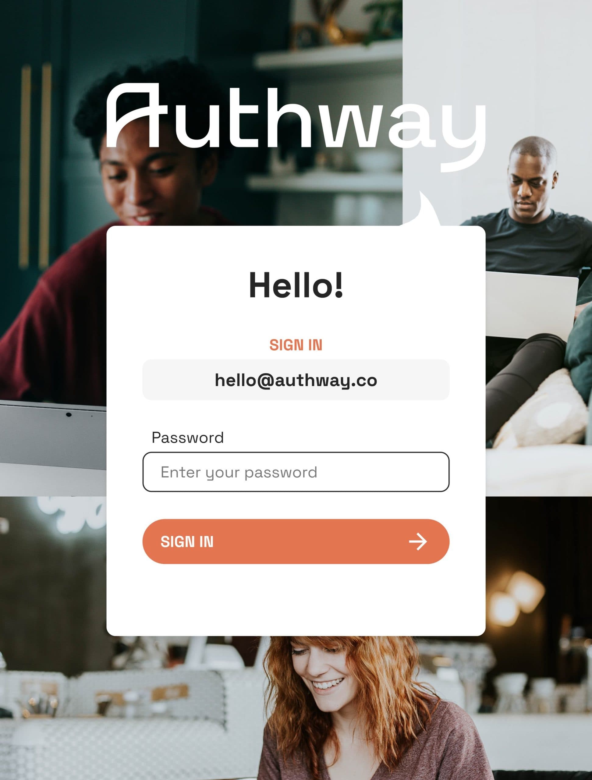 Authway sign-in interface on top of a collage of people using a computer.