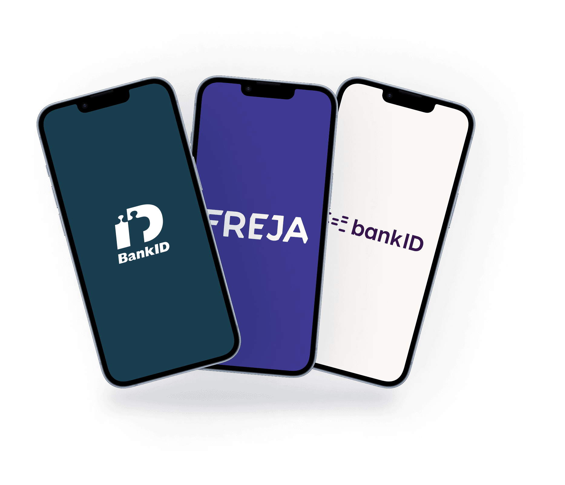 An image with three iphone devices. The first device screen is dark blue with the BankID logo in white. The second screen is purple with the Freja eID logo in white. And the last is off-white with the norsk BankID logo on in dark purple.