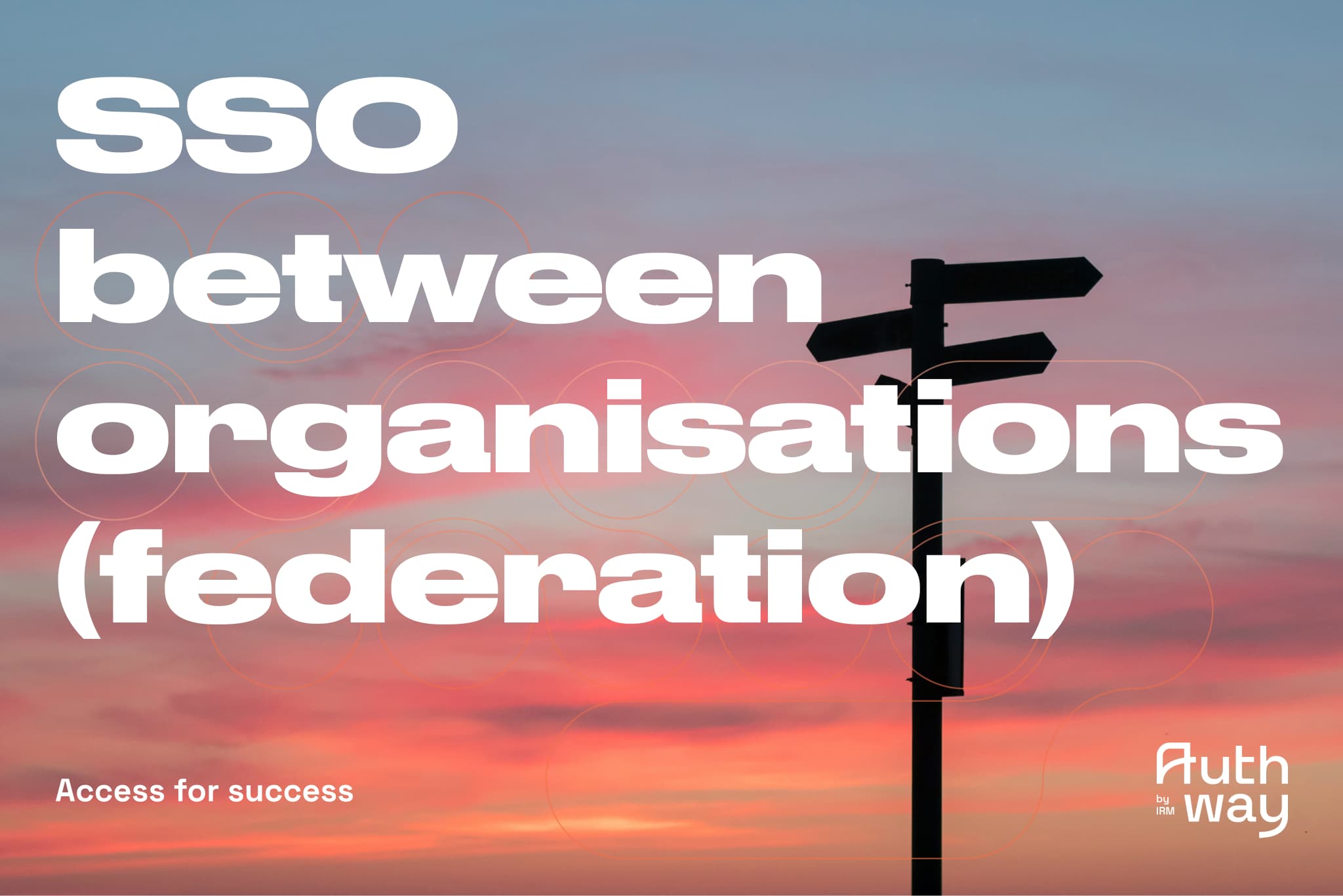 Sunset with the silhouette a signpost. Text reads "SSO between organisations (federation)".