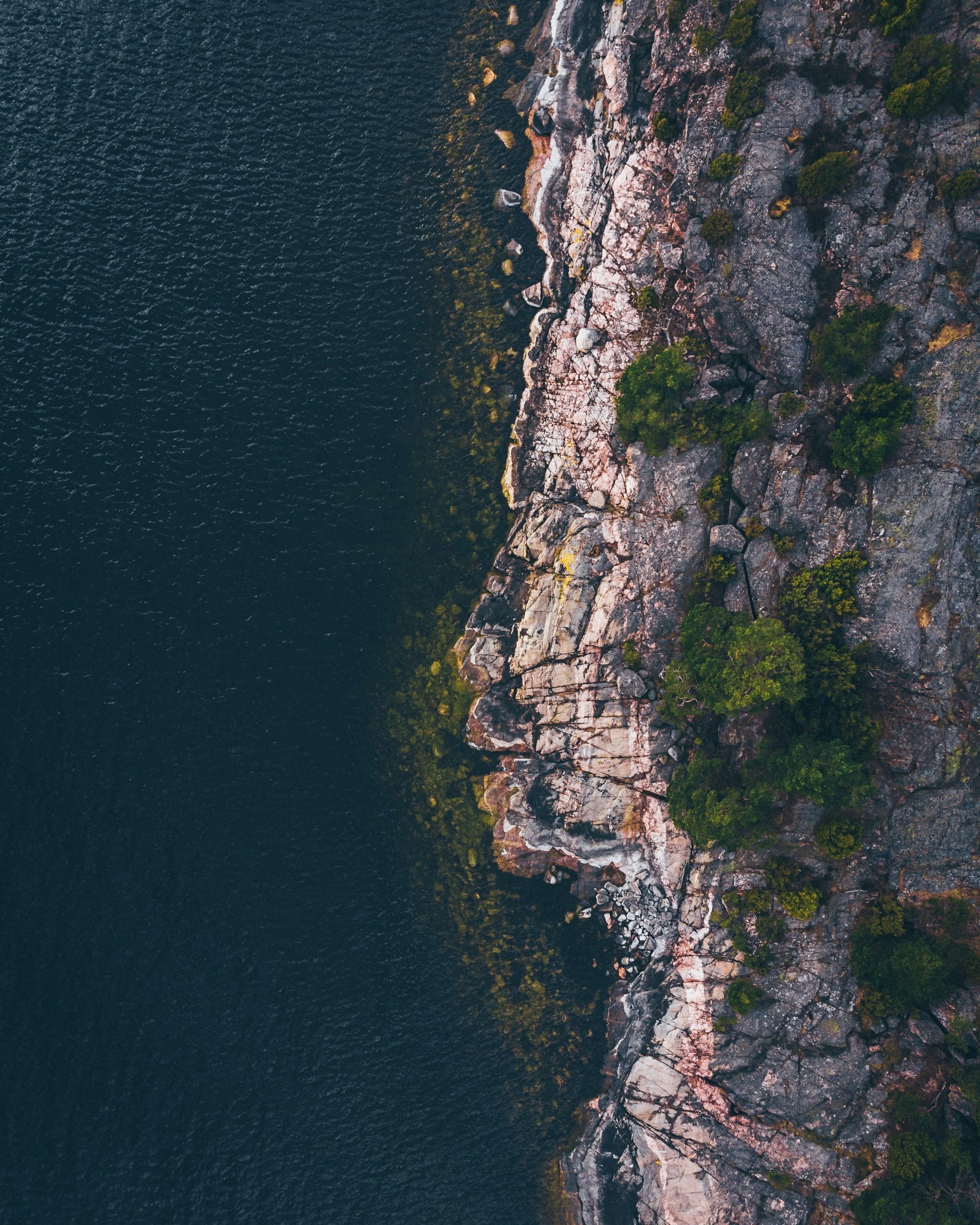 An aerial image taken top down over the swedish coast. On the left side there's water and on the right there's cliffs and a few trees.
